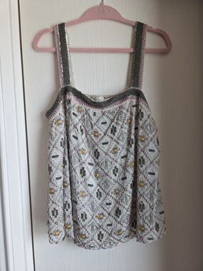 Embellished Beaded Tank Top — Cream with Yellow, Silver & Pink Accents